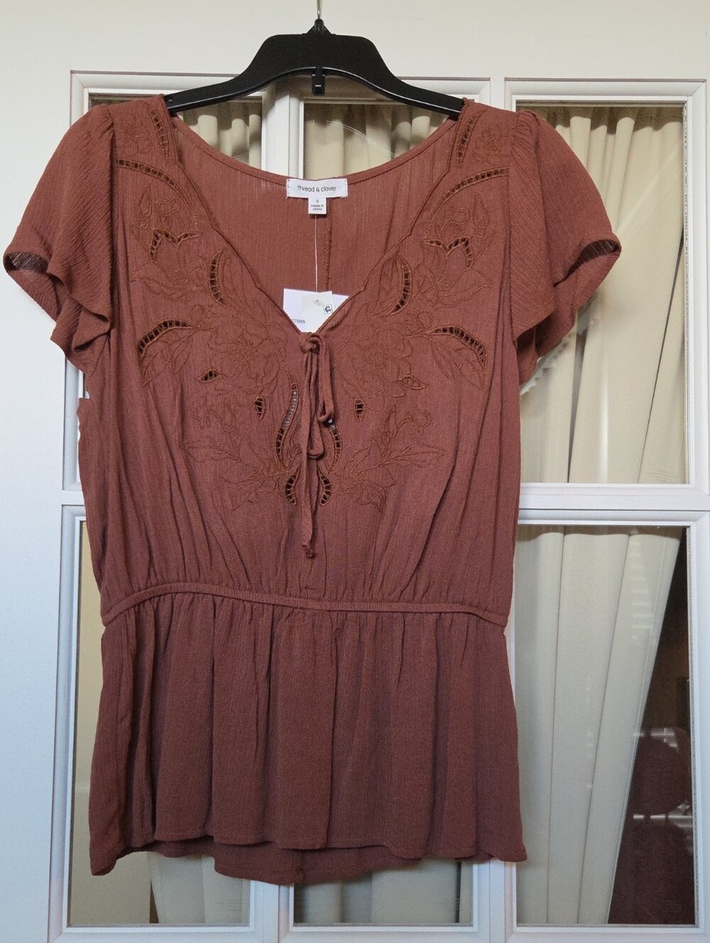 Brown Embroidered Tie-Front Midi Top